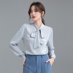 Women's Bow Tie Long Sleeve Shirt Top <b>White</b> Satin Office Wear Elegant French Style Spring Autumn New Arrival - Product Image 4