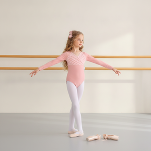 Maillot de Ballet para Niñas con Cuello en V y Manga Larga, Diseño Cruzado, de Algodón y Spandex, para Entrenamiento de Danza, Disponible en 3 Colores Pastel - Product Image 2