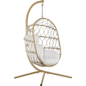 Modern Hanging Wicker Chair With Stand Beige Frame Rattan Outdoor Furniture Patio Swings