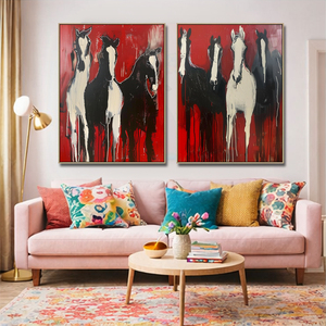 Peintures abstraites modernes faites à la main de chevaux rouges, art mural animalier <span class=keywords><strong>noir</strong></span> et <span class=keywords><strong>blanc</strong></span> sur toile, décoration intérieure avec support en acrylique - Product Image 2