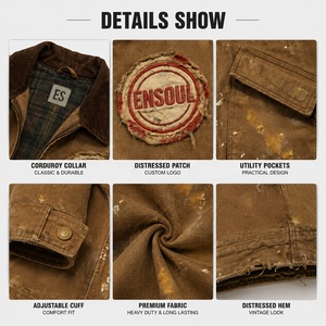 OEM Custom Manufacturer <strong>Men's</strong> Winter <strong>Trucker</strong> Workwear <strong>Jackets</strong> Distressed Twill Duck Canvas Paint Splatter Vintage Patch <strong>Jacket</strong> - Product Image 2