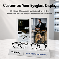 Présentoir de Comptoir Blanc pour Lunettes Intelligentes IA à Double Position avec Miroir d'Essai Intégré, Panneau d'Affichage à Changement Rapide et Base Imprimée UV