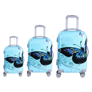 打印 3D 蓝蝴蝶 PC 手推车旅行包手提箱 3 件手推车行李箱带 4 个滚轮