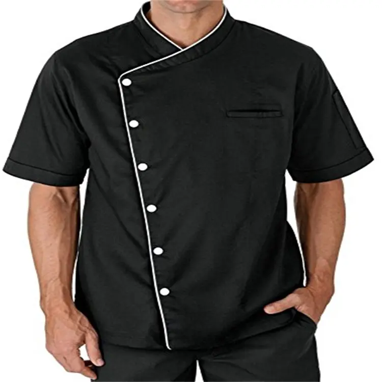 Günstiger Preis Kunden spezifische Koch uniform Executive Black Chef Jacken mantel TC 80% Poly 20% Baumwolle Restaurant Bar Uniformen für Männer