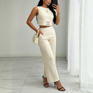 Conjunto de Dos Piezas para Mujer, Verano, Top Corto sin Mangas y Pantalones Anchos de Cintura Alta, Casual y Cómodo - Product Image 3