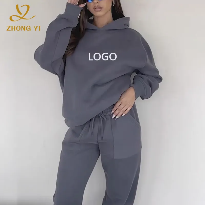 Abbigliamento Fitness donna invernale personalizzato 2 pezzi in cotone a rete di alta qualità manica lunga Baggy Casual senza spalline Pullover con cappuccio Set