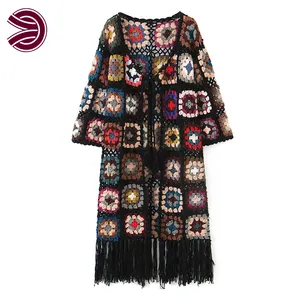 Women's Clothes Oversize Crochet Tassels Hem Mid-Length Knit Female Cardigan Casual Jacket Autumn Hollow Out Print Mujer