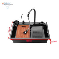 Évier de cuisine cascade noir nano en acier inoxydable 750x450mm avec clavier à affichage numérique – Offre Spéciale