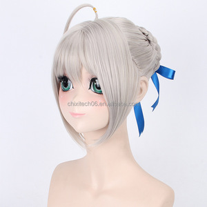 Peluca de cosplay de <span class=keywords><strong>Fate</strong></span> <span class=keywords><strong>Stay</strong></span> <span class=keywords><strong>Night</strong></span> Saber, versión recogida con mechas doradas, versión oscurecida - Product Image 3