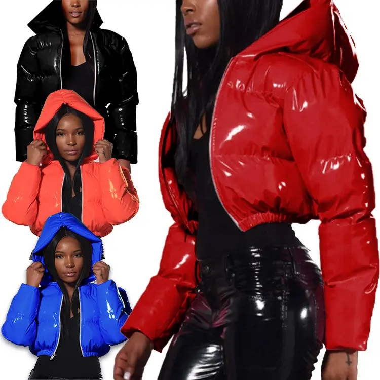 2022 Winter Women Solid Color Shiny Crop Hooded Bubble Coat Long Sleeve Thick Zipper Puffer Down Jackets