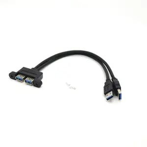 Hot 2 in 2 Dual USB 3.0 Male to USB 3.0 Female USB Extension Cable with Screw Panel Mount