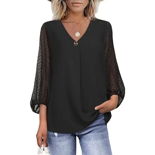 Womens Lantern 3/4 Sleeve Causal Loose V Neck Chiffon Blouses Tops Plus Size Office Lady Blouses