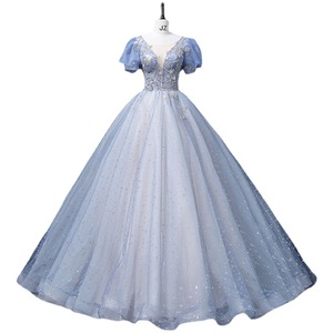 Blue Long Stage Performance Dress With Puffy Skirt For Girls Vocal Solo Exam Wear - Product Image 5