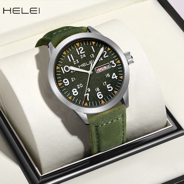 HELEI 9031 Men Leather Waterproof Luminous Quartz Watch with Calendar Day Display