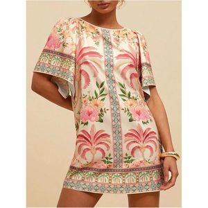 Women's Boho Floral <b>Dress</b> Crew Neck Short Sleeve Mini Tunic Chiffon Breathable <b>Tropical</b> Vacation Outfit - Product Image 5