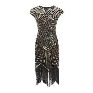 فستان نسائي منفوش 1920s, فستان نسائي مطرز بالخرز بتصميم غريت جاتسبي للحفلات المسائية