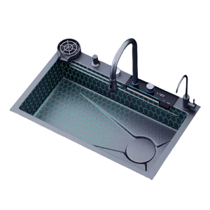 Nouvel évier de cuisine intelligent à cuve unique carrée, en acier inoxydable brossé, à montage sous plan, avec robinet cascade à touches de piano et rinçage en verre - Product Image 1