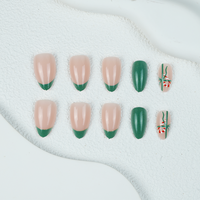 Faux ongles à presser en forme de canne à sucre de Noël, forme amande, avec French manucure verte, faits à la main, pour les fêtes d'hiver, fournisseur en gros