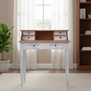 Scrivania Compatta in Legno Massello di Mogano Naturale e Bianco per Computer - Product Image 2