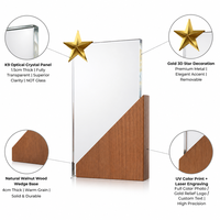 Plaque de récompense en cristal personnalisée avec base en bois massif, étoile dorée en haut, gravure photo, trophée d'honneur pour concours, vente en gros