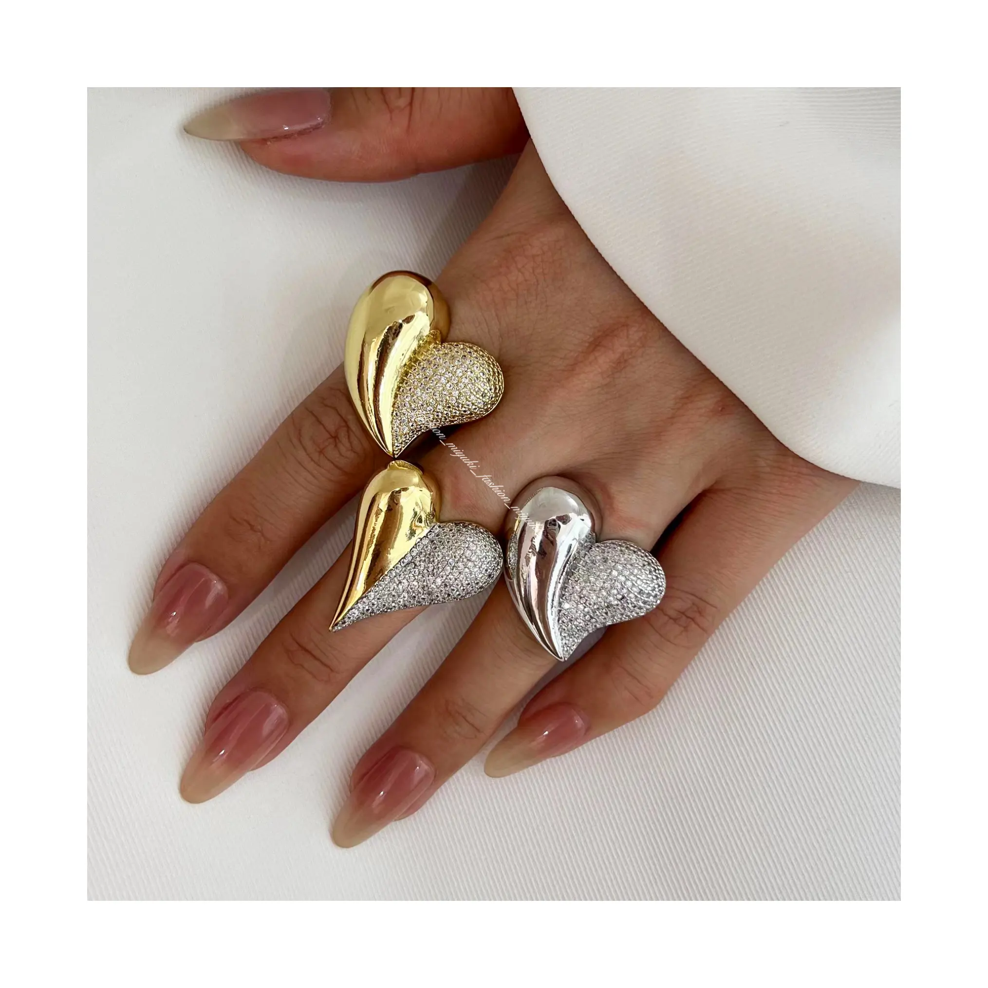 Sıcak satış INS tarzı 18K altın kaplama gümüş çift elmas yüzük kalp Trendy Unisex kadın erkek düğün nişan için