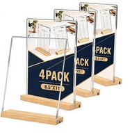 Porte-panneaux en acrylique 8,5x11 avec base en bois, lot de 4, réglable verticalement/inclinable, double face, transparent, personnalisable, pour commerce, bureau, restaurant