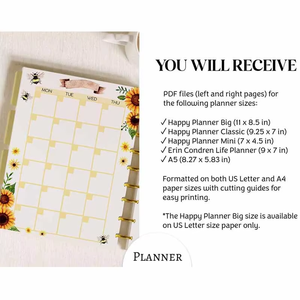 2026 Classic <b>Mini</b> Erin Condren <b>Notebook</b> Refill Paper A5 Size Sunflowers and Bees Printable Planner Inserts - Product Image 3