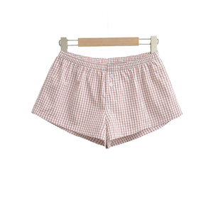 Shorts en coton à carreaux pour femmes, taille mi-haute, décontractés, respirants, avec taille élastique et fermeture boutonnée - Product Image 1