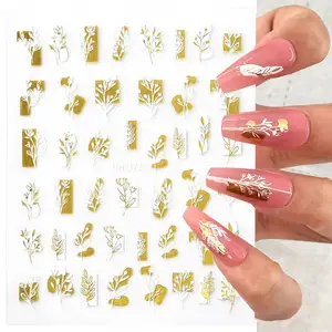 Gold Ferns Nail Stickers Summer Stickers Metallic Flower Leaf Nail Art Decals 3D Laser Nail Decoration