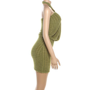 Viviblook Z327DS01 Women Summer Dress New Casual Sexy Street Solid Color Sleeveless Halter <b>Mini</b> Bodycon Dress - Product Image 3