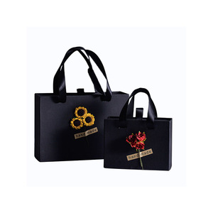 Wholesale rigid ribbon luxury Cardboard elegant packaging boxes black drawer box with handle for clothes for shirts