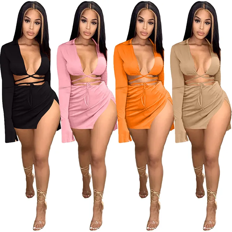 Custom 2022 New Arrival Summer Ladies Two Piece Sets Solid Color Dress Set Casual Skirt Women Clothing Two Piece Skirt Set