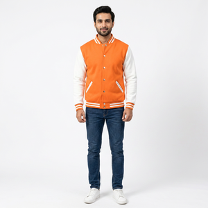 Unisex Orange <b>White</b> Varsity Quilted Stand Collar <b>Jacket</b> Stylish College Outerwear Trendy Streetwear Front Design Warm Winter - Product Image 1