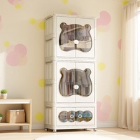 Armoire pliable à 3 niveaux, design ours, en plastique transparent, portable, avec roulettes, pour rangement de vêtements – Meilleure vente