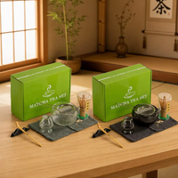 Ensemble de thé matcha en verre avec boîte cadeau verte, fouet en bambou, bol à matcha, cuillère à thé en bambou et 7 ustensiles complets