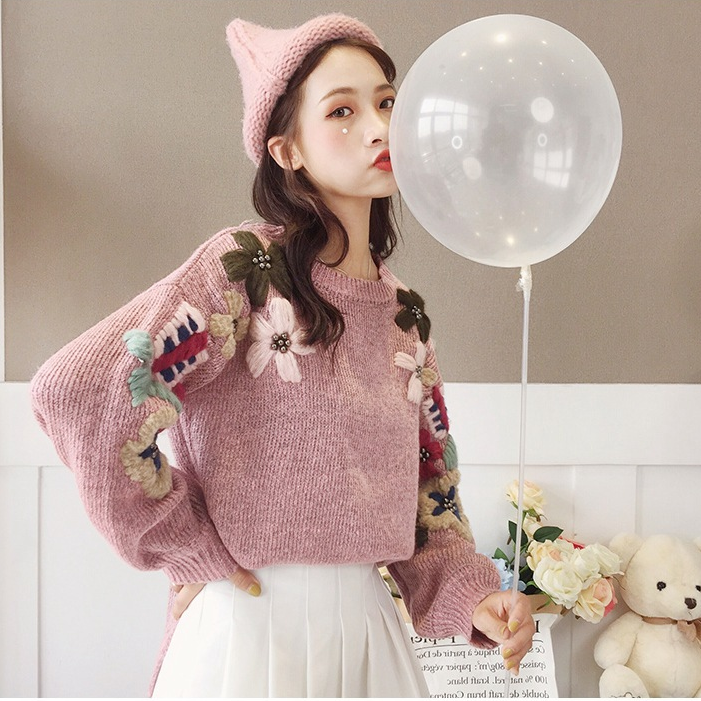 Maglione grigio caldo Pullover unghie fatte a mano con fiori di