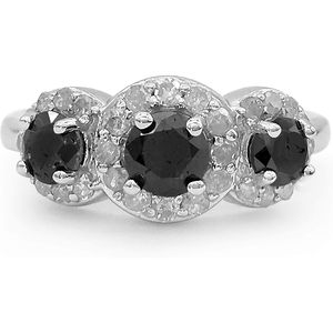 Anillo de Compromiso de Oro Blanco con Diamante Negro Natural de 3 Piedras con Halo, Corte Brillante Redondo de 1.37 Quilates para Mujer - Product Image 3