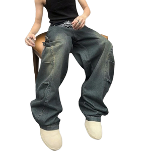 กางเกงยีนส์เดนิมทรงขากว้างสีน้ำเงินวินเทจสำหรับผู้ชาย ทรงหลวม สไตล์ลำลอง สตรีทแวร์ น้ำหนักปานกลาง ทนทาน เป็นมิตรกับสิ่งแวดล้อม ระบายอากาศได้ดี ทันสมัย - Product Image 1