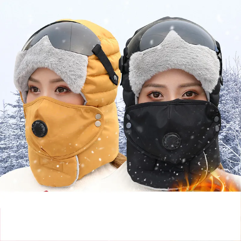 FF22 Ski Bike Windproof Winter Hats Goggles Face Neck Cover Warmer Cap Plush Thick Women Men Trapper Hat