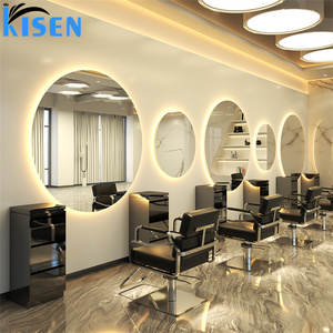 Espejo de pie de acero inoxidable KISEN para salón de belleza con estantes de almacenamiento y diseño contemporáneo para barbería. - Product Image 1