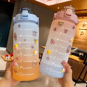 Outdoor Sport Kunststoff Wasser flasche 2000ml Anregung mit Stroh Gradient Wasser flasche Gym Zeit markierung Kawaii Wasser flasche