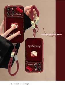 Coque de téléphone antichoc en silicone souple avec lanière motif chat et nœud papillon, couleur rouge bordeaux, pour iPhone/Huawei/Oppo/Vivo/Redmi - Product Image 3