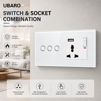UBARO 146 Type Interrupteur Tactile 3 Gang en Verre Trempé, Prise de Courant Universelle avec Port USB, Interrupteur à Bascule, Panneau de Prise Murale