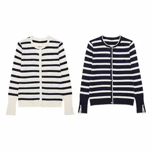 ZATRHMBM Women's 2023 Summer New Stripe Basic Coat Vintage Elegant Round Neck Long Sleeve Sexy Ladies Coat