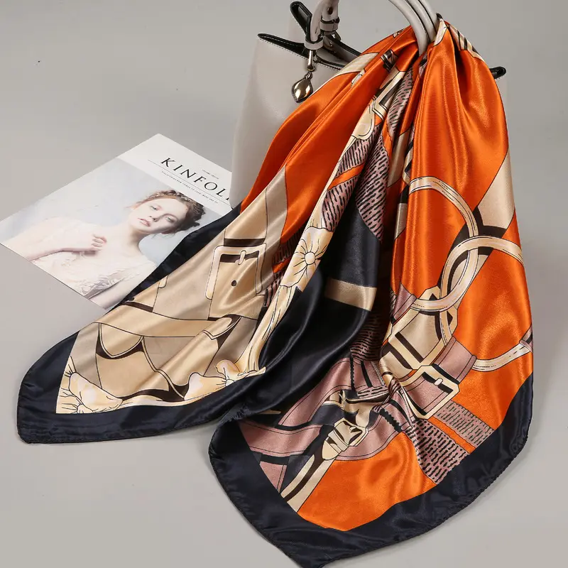 Foulards en Soie de Luxe avec Impression Numérique, Hijab en Satin Imprimé de Logo, Tête de Femme, 90x90cm, 100%