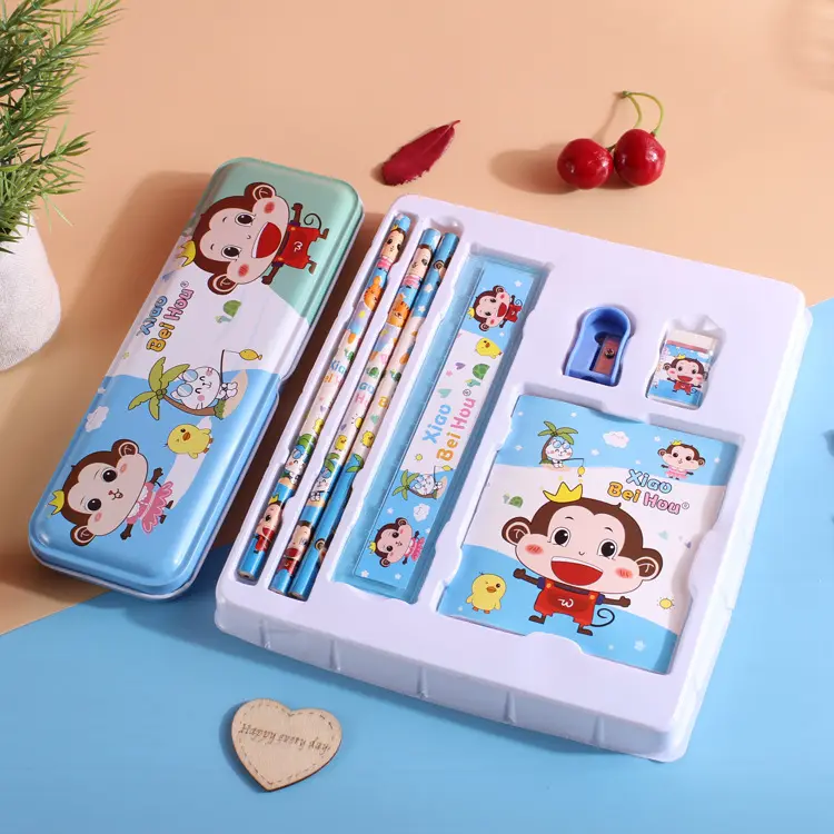 Set Alat Tulis Anak Kembali Ke Sekolah Termasuk: Tempat Pensil, Pensil Timbal + Penggaris + Rautan + Penghapus + Buku Catatan Anak