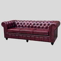 Canapé Chesterfield élégant en cuir véritable rouge, convertible, trois places, capitonné, luxueux, pour salon traditionnel