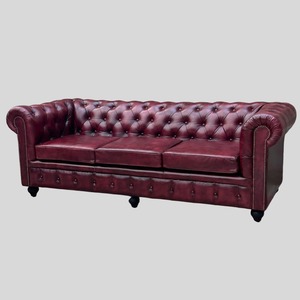 Elegante Sofá Chesterfield Rojo Vino, Sofá Tapizado con Botones Profundos de Cuero Genuino, Muebles de Sala de Estar de Lujo, Estilo Clásico - Product Image 5