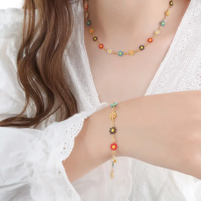 Grosir kalung bunga aster baja tahan karat gelang pesona warna-warni kalung Enamel perhiasan Set untuk wanita