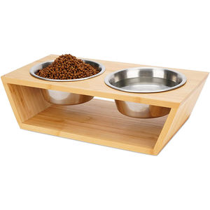 Grosir tempat mangkuk hewan peliharaan bambu tinggi 4 inci dengan dua mangkuk baja tahan karat untuk anjing dan kucing - Product Image 1